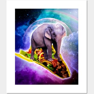 Elephant Riding Taco In Space With Rainbow Posters and Art